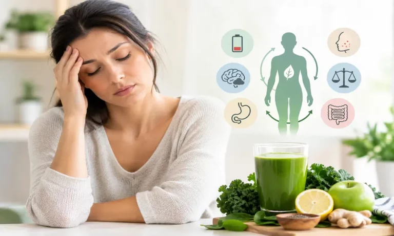 Woman experiencing fatigue and brain fog alongside fresh green detox foods and wellness imagery.