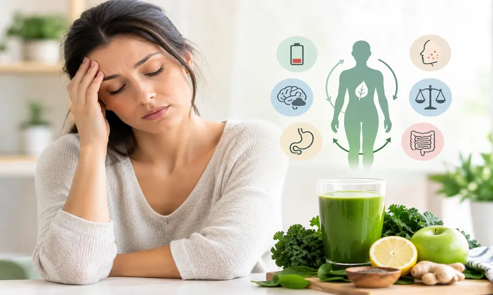 Woman experiencing fatigue and brain fog alongside fresh green detox foods and wellness imagery.