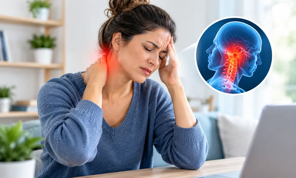 Woman experiencing a headache caused by neck pain and tension