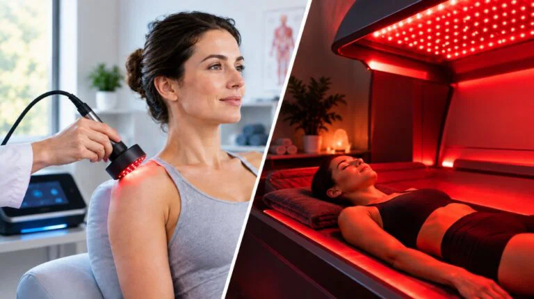 Woman receiving cold laser and red light therapy treatments